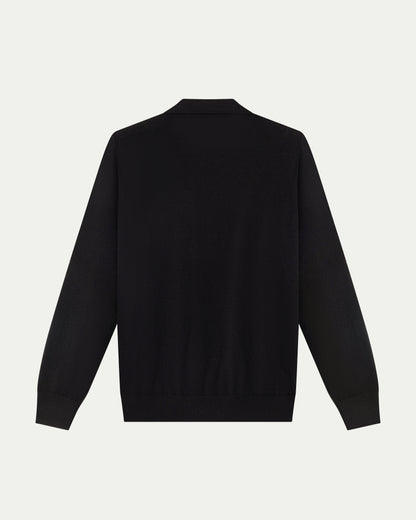 MERINO WOOL LONG SLEEVE POLO - BLACK