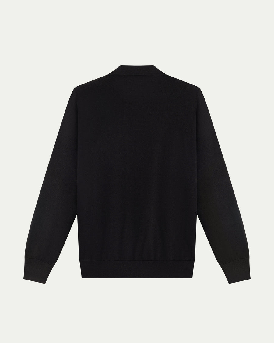 MERINO WOOL LONG SLEEVE POLO - BLACK