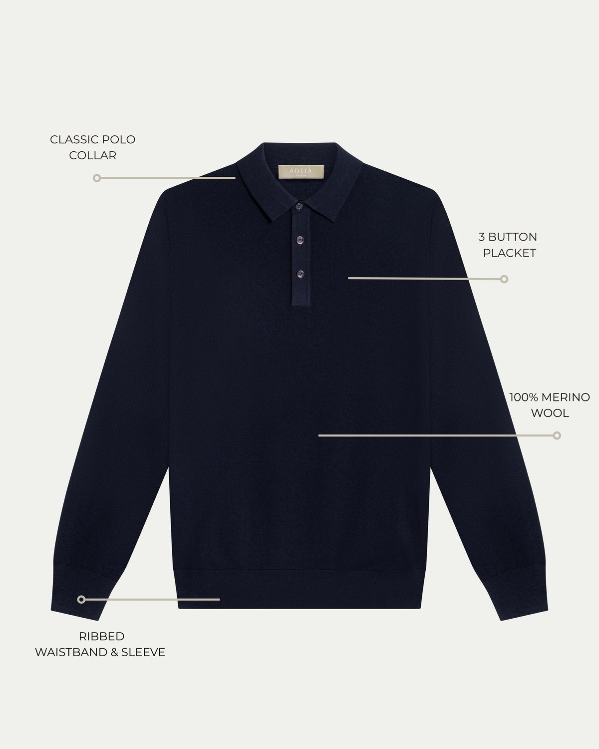 MERINO WOOL LONG SLEEVE POLO - NAVY