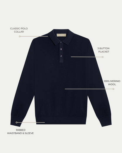 MERINO WOOL LONG SLEEVE POLO - NAVY