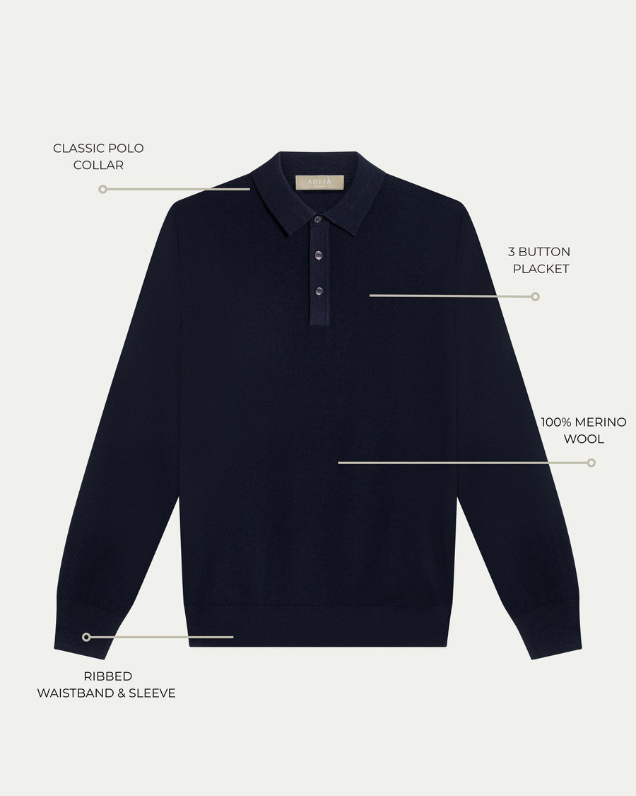 MERINO WOOL LONG SLEEVE POLO - NAVY