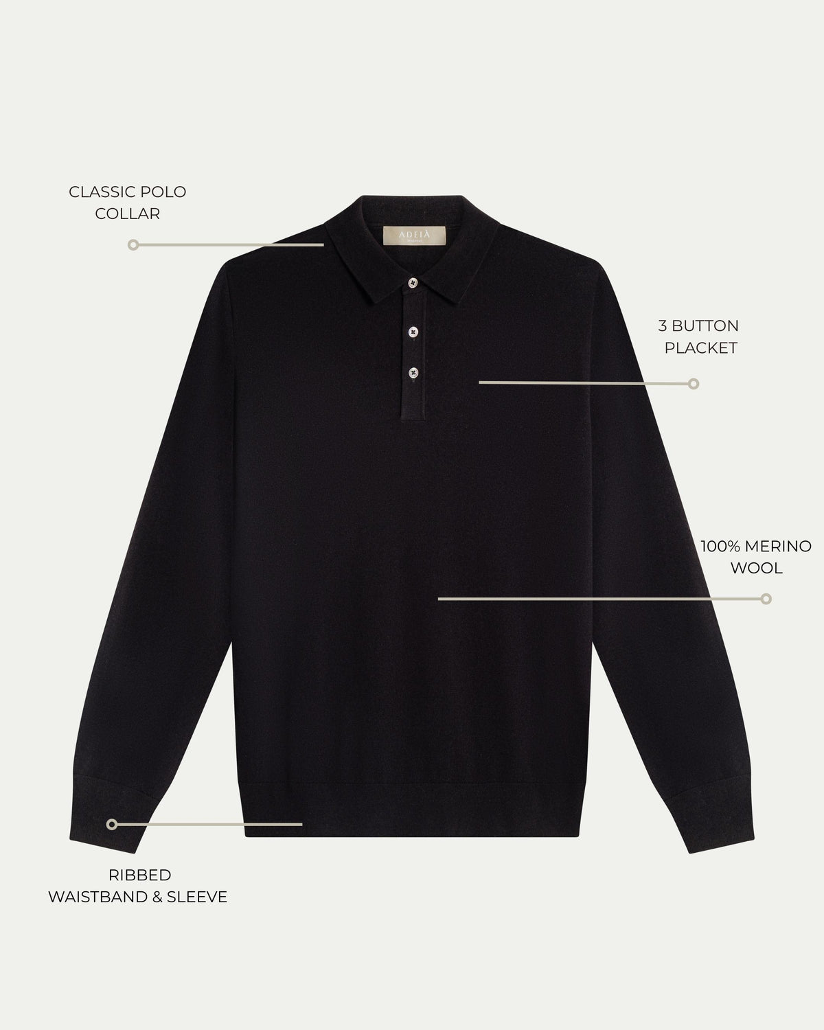 MERINO WOOL LONG SLEEVE POLO - BLACK