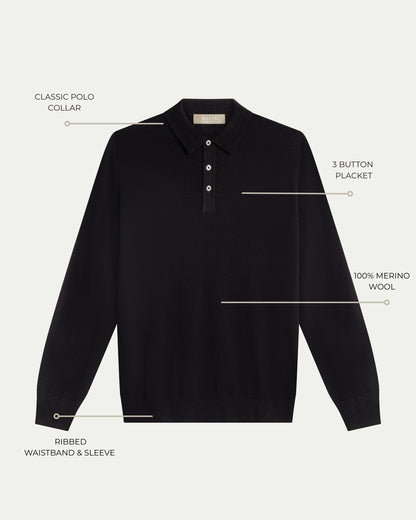 MERINO WOOL LONG SLEEVE POLO - BLACK