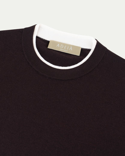 CONTRAST COLLAR KNIT T-SHIRT - BROWN
