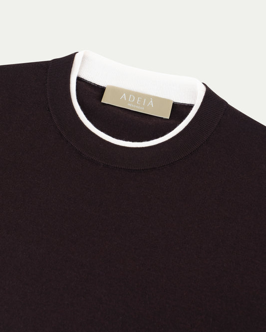 CONTRAST COLLAR KNIT T-SHIRT - BROWN