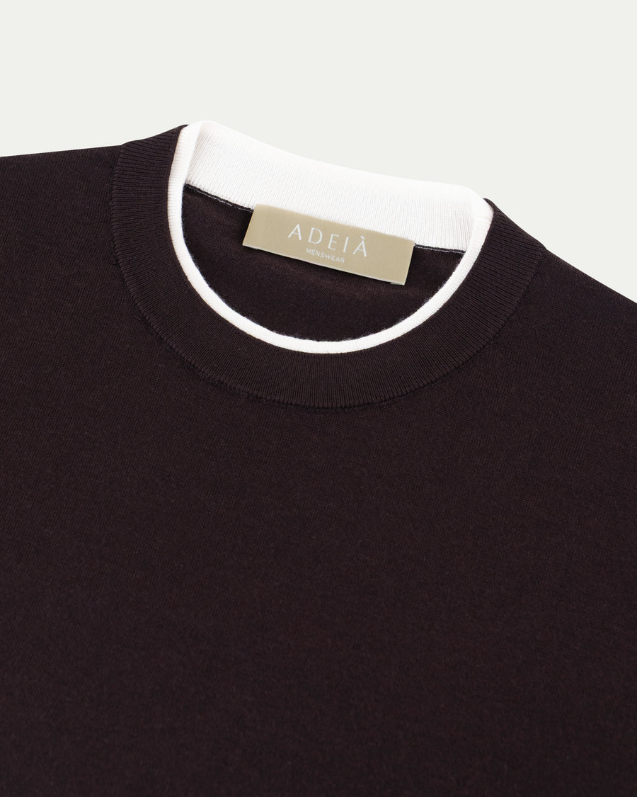 CONTRAST COLLAR KNIT T-SHIRT - BROWN