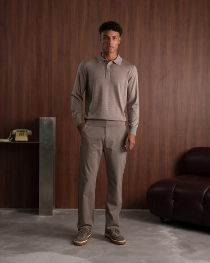 MERINO WOOL LONG SLEEVE POLO - BEIGE