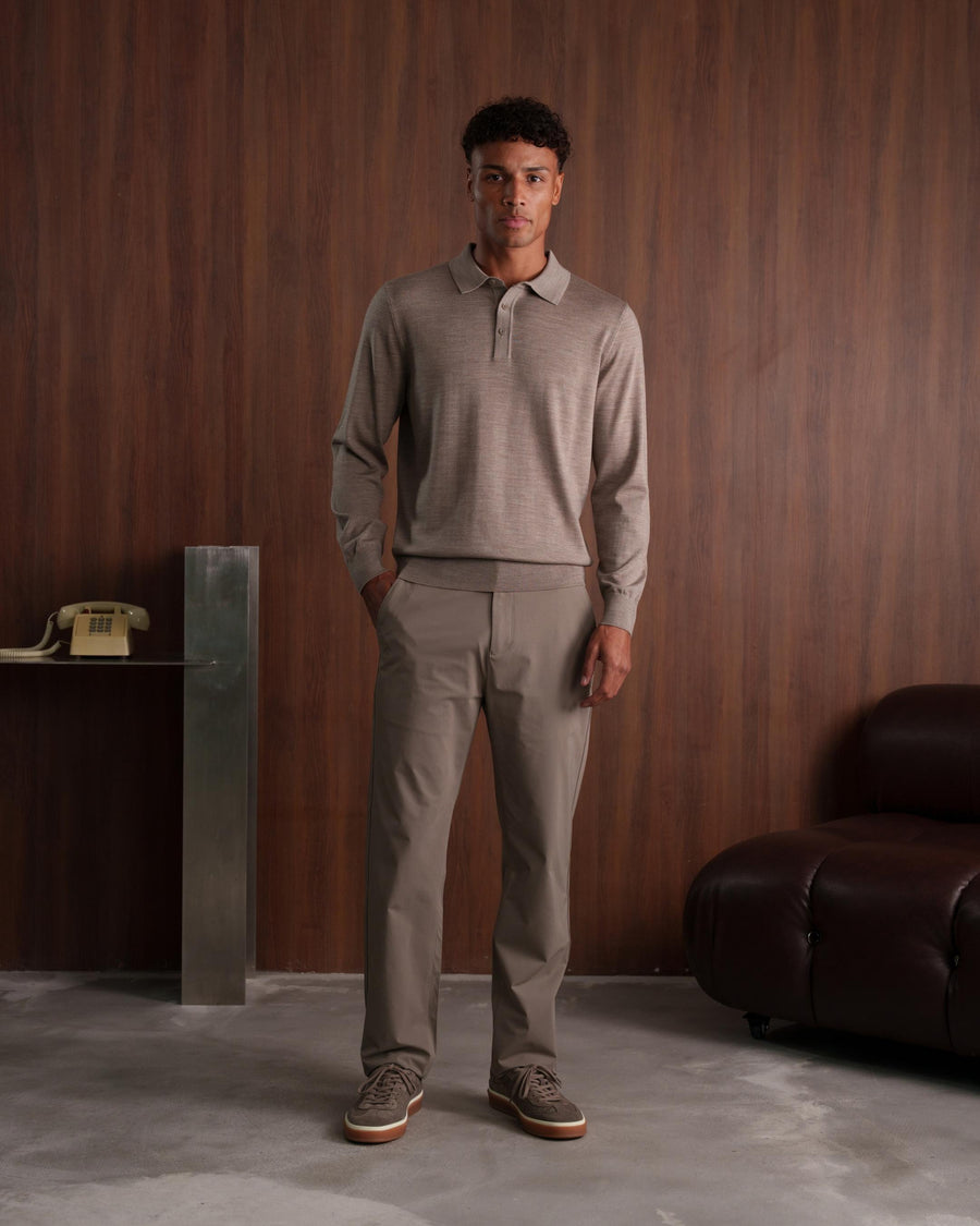 MERINO WOOL LONG SLEEVE POLO - BEIGE