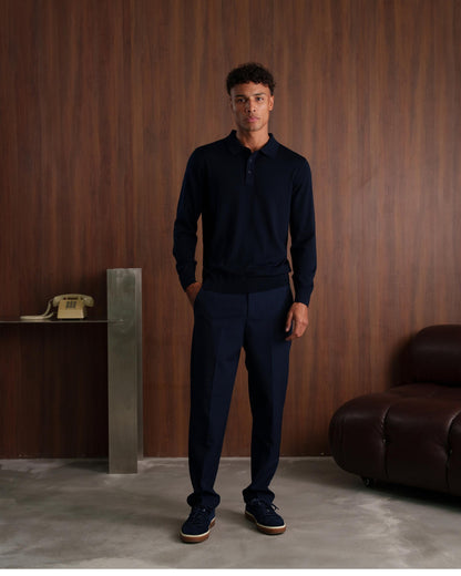 MERINO WOOL LONG SLEEVE POLO - NAVY