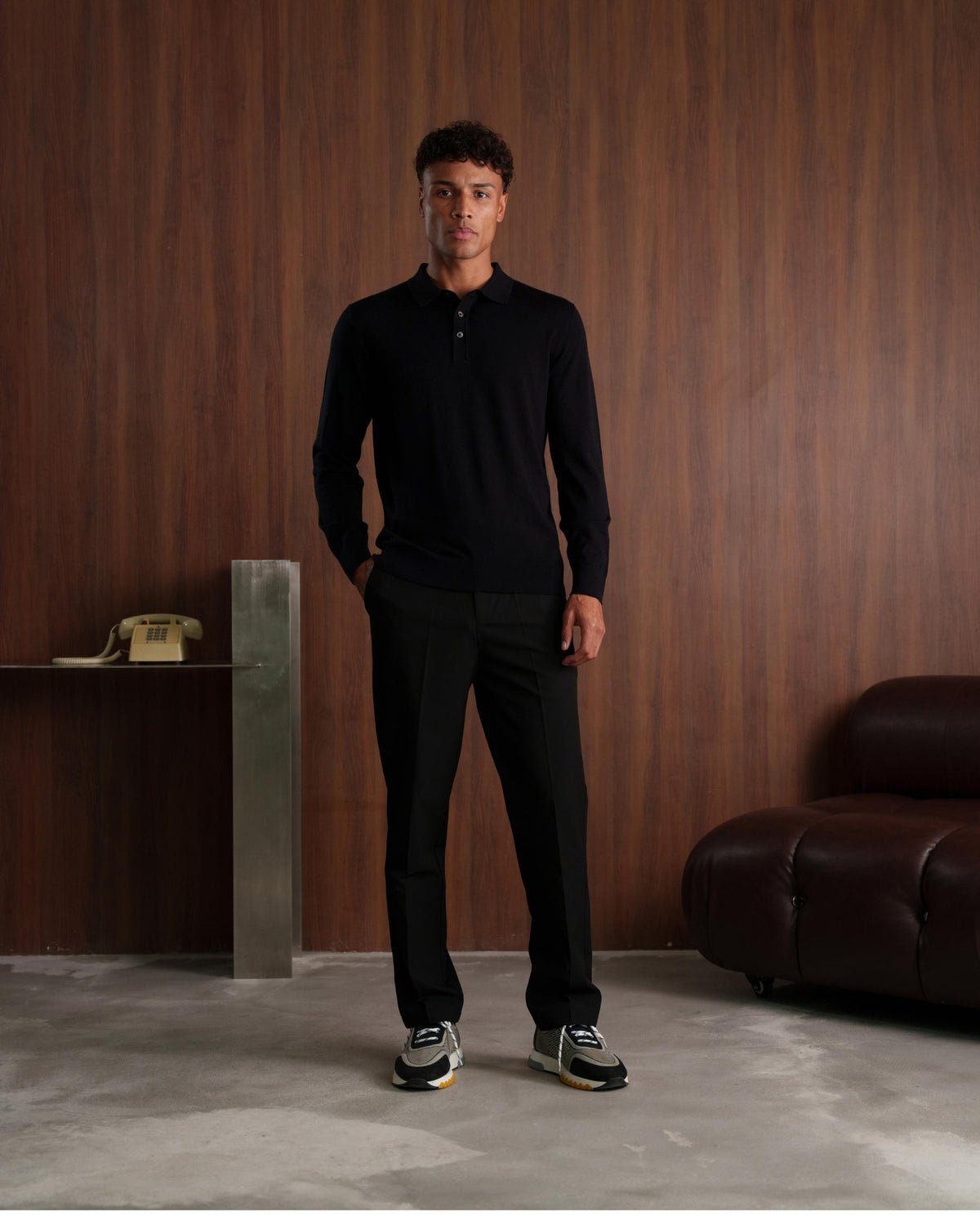 MERINO WOOL LONG SLEEVE POLO - BLACK