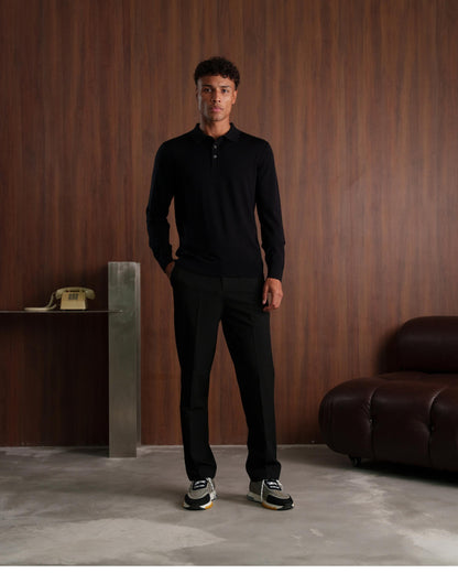 MERINO WOOL LONG SLEEVE POLO - BLACK
