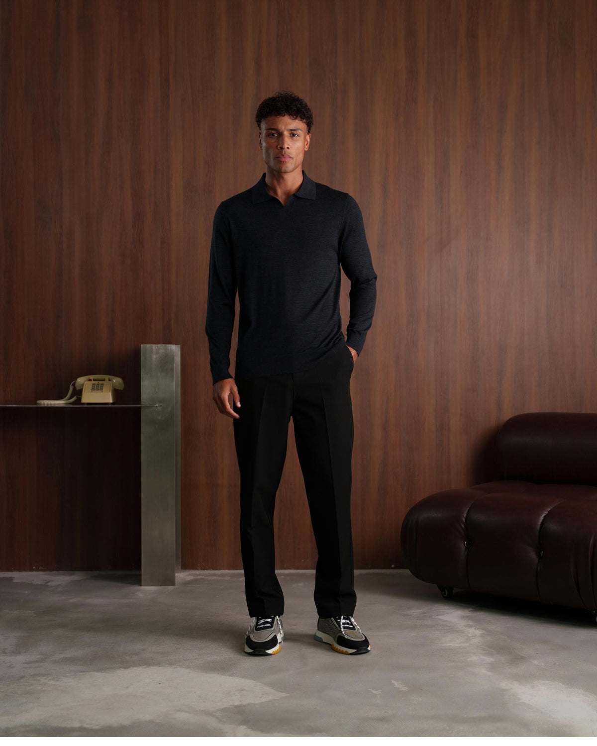 SOMBRA LONG SLEEVE POLO - CHARCOAL
