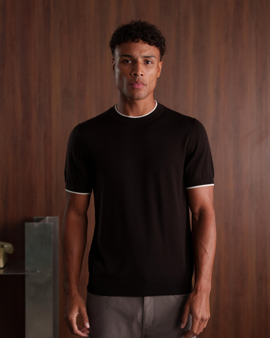 CONTRAST COLLAR KNIT T-SHIRT - BROWN