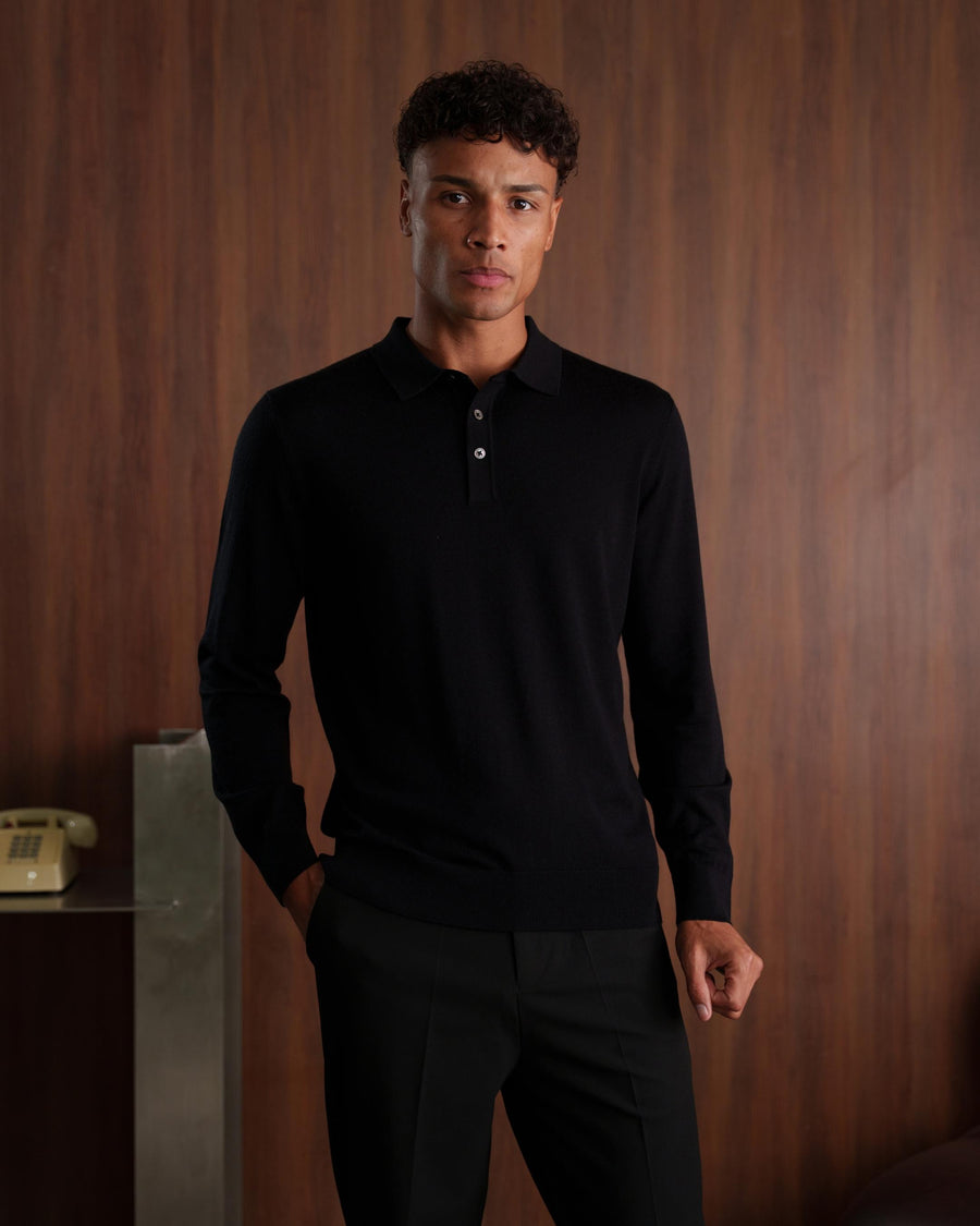 MERINO WOOL LONG SLEEVE POLO - BLACK