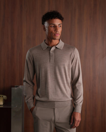MERINO WOOL LONG SLEEVE POLO - BEIGE