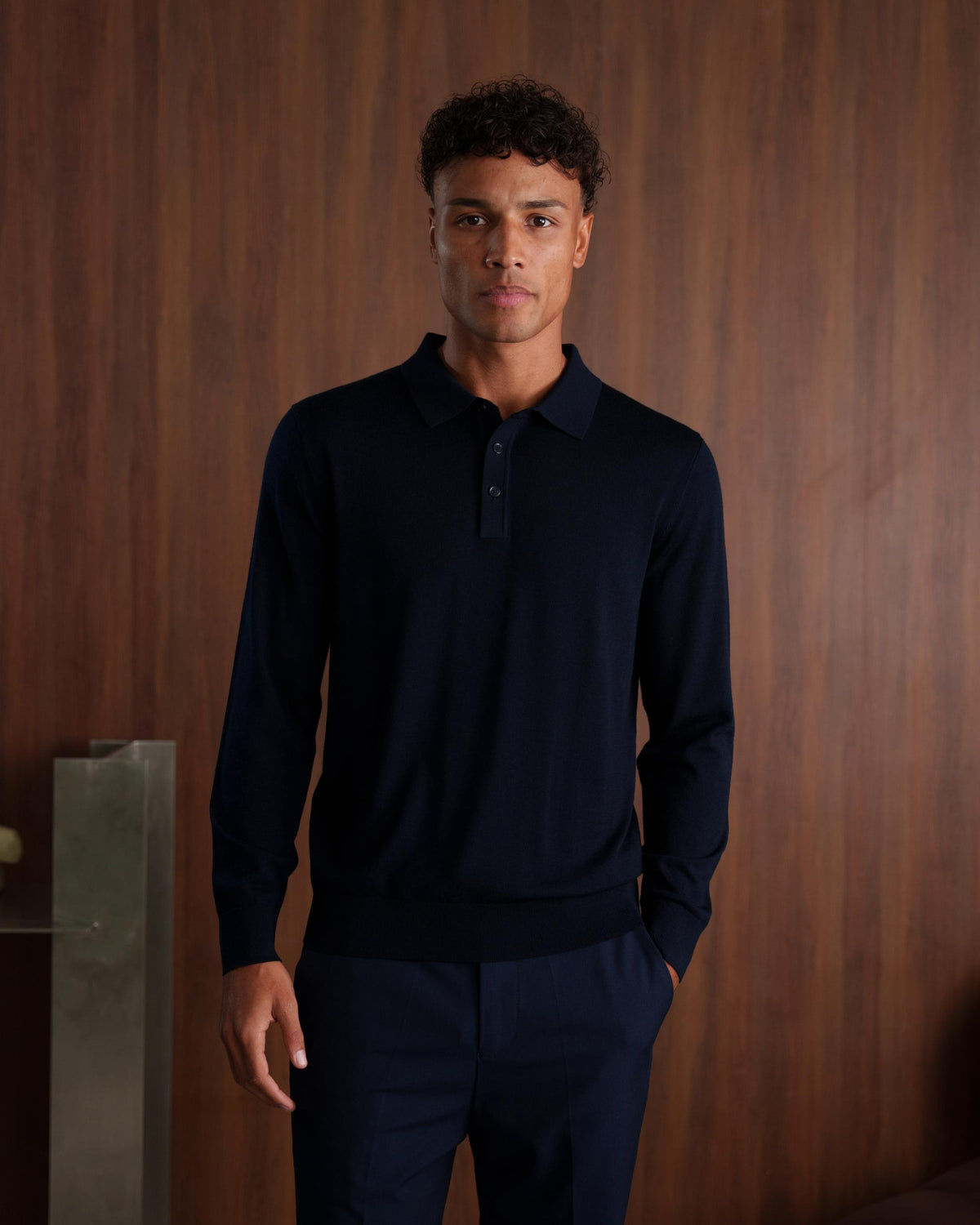MERINO WOOL LONG SLEEVE POLO - NAVY