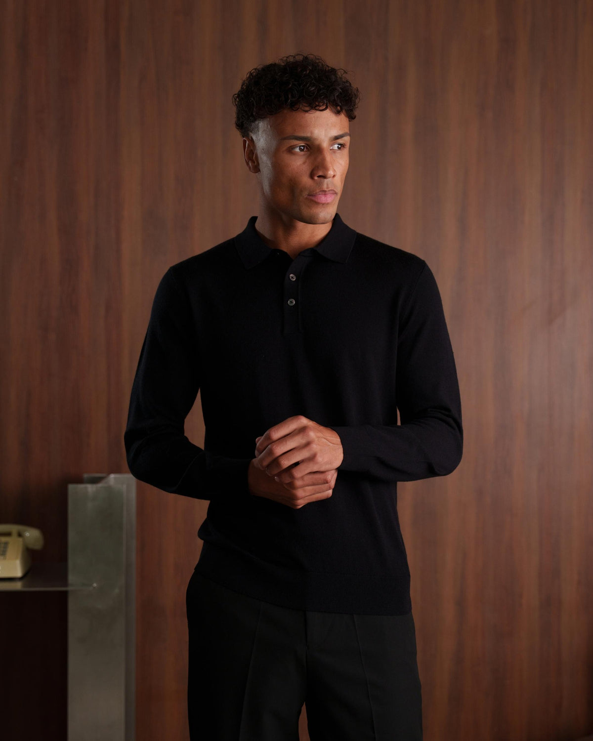MERINO WOOL LONG SLEEVE POLO - BLACK