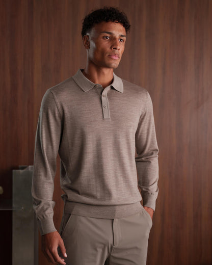 MERINO WOOL LONG SLEEVE POLO - BEIGE