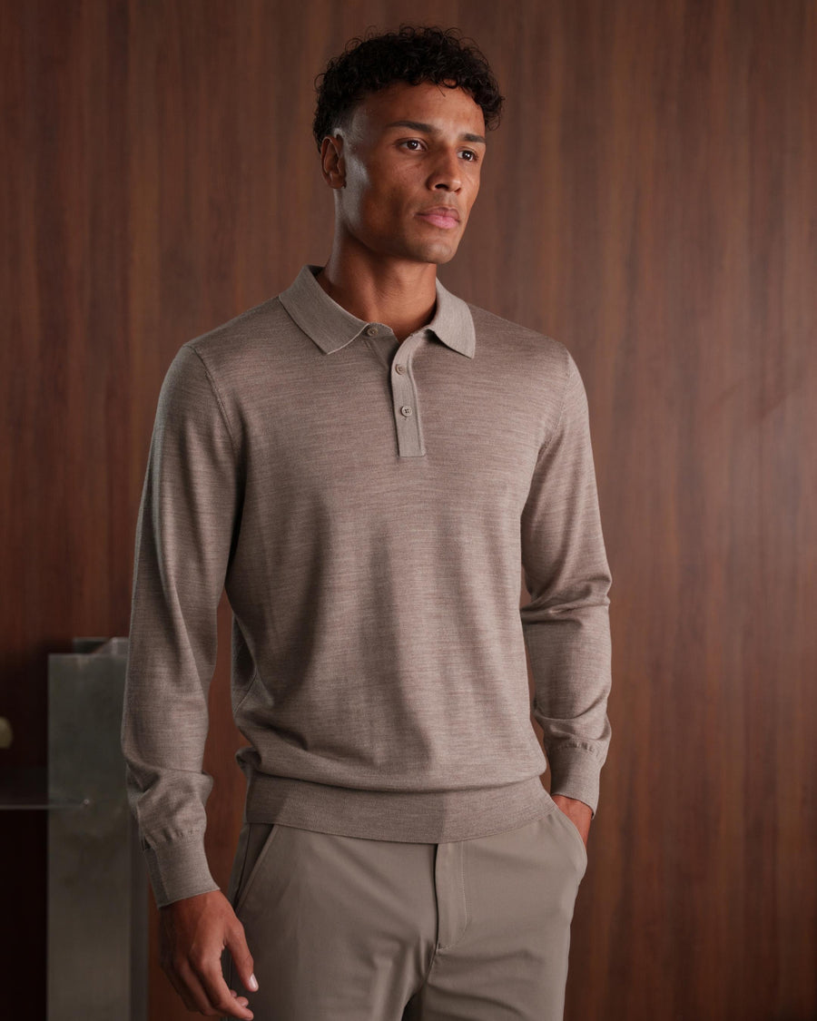 MERINO WOOL LONG SLEEVE POLO - BEIGE