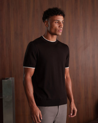 CONTRAST COLLAR KNIT T-SHIRT - BROWN