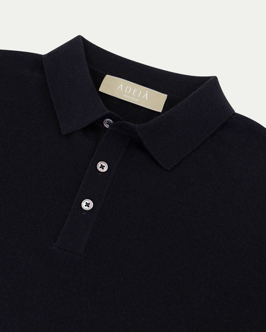 MERINO WOOL LONG SLEEVE POLO - BLACK