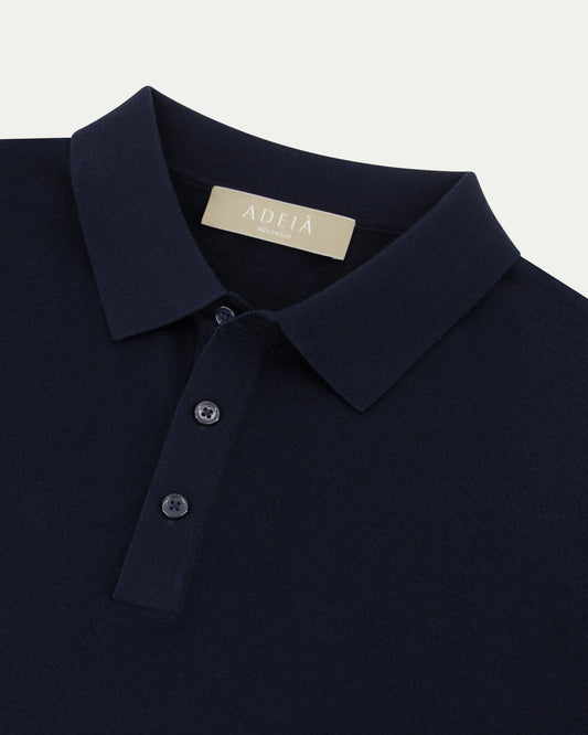 MERINO WOOL LONG SLEEVE POLO - NAVY