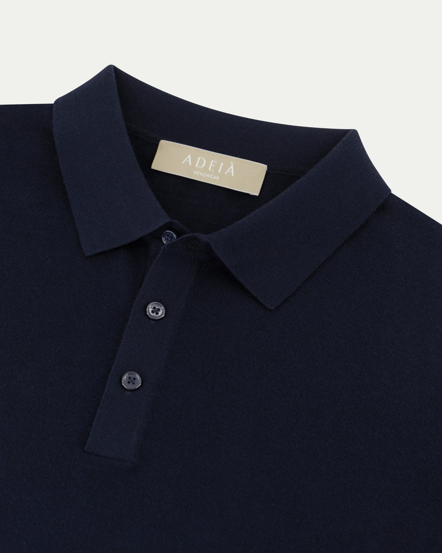 MERINO WOOL LONG SLEEVE POLO - NAVY