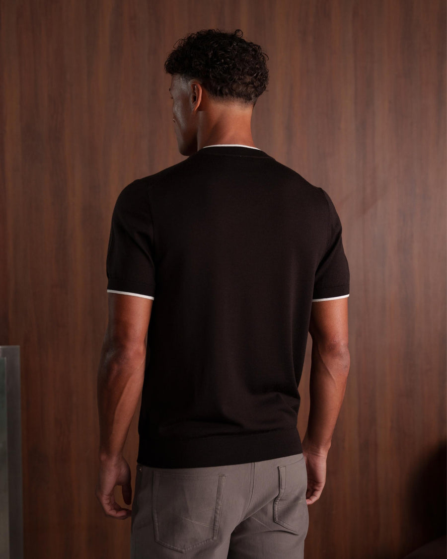 CONTRAST COLLAR KNIT T-SHIRT - BROWN