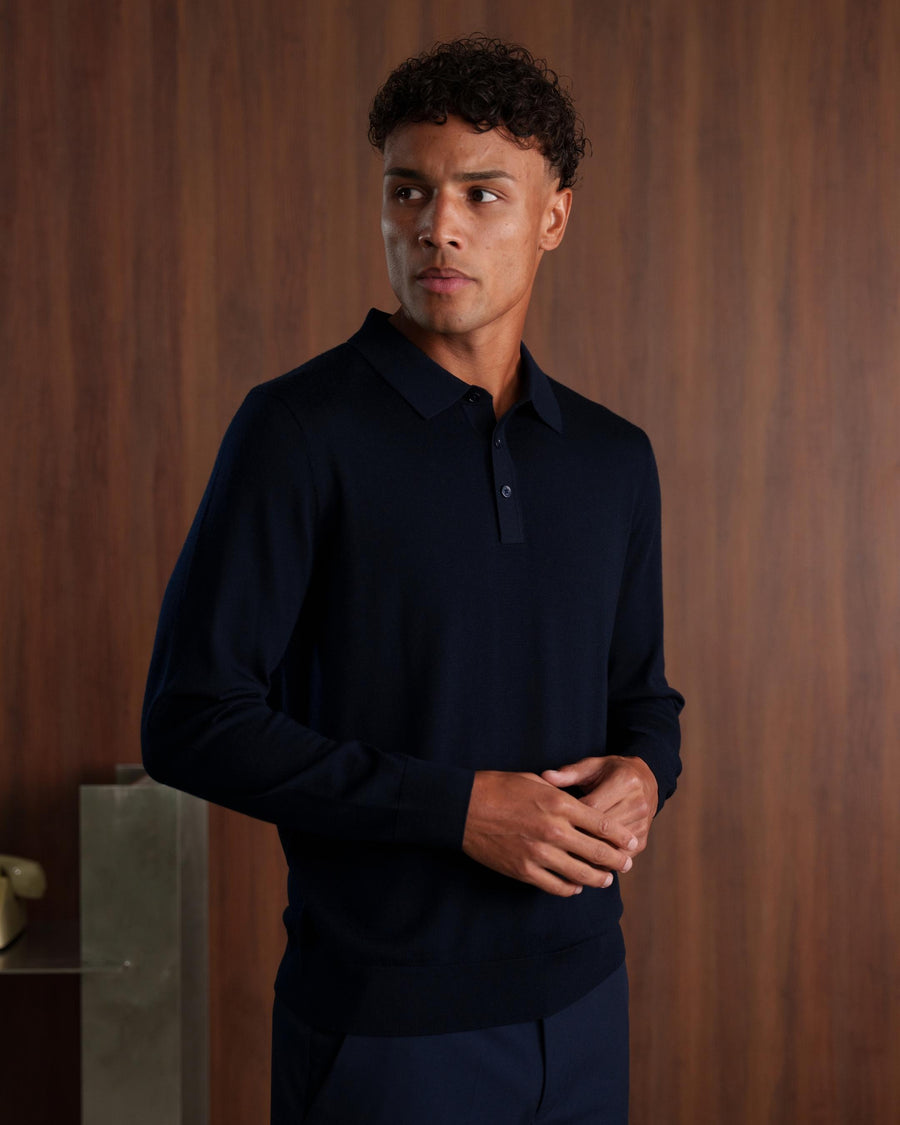MERINO WOOL LONG SLEEVE POLO - NAVY