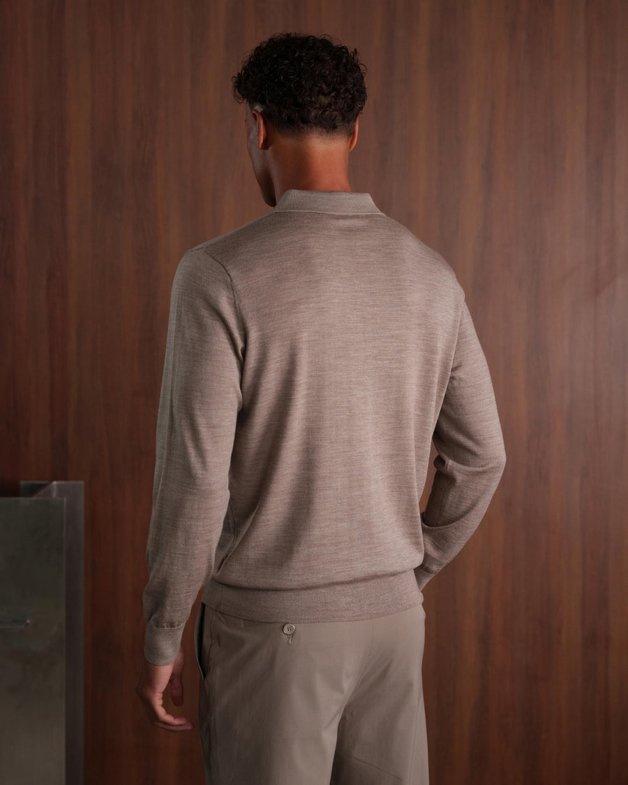 MERINO WOOL LONG SLEEVE POLO - BEIGE