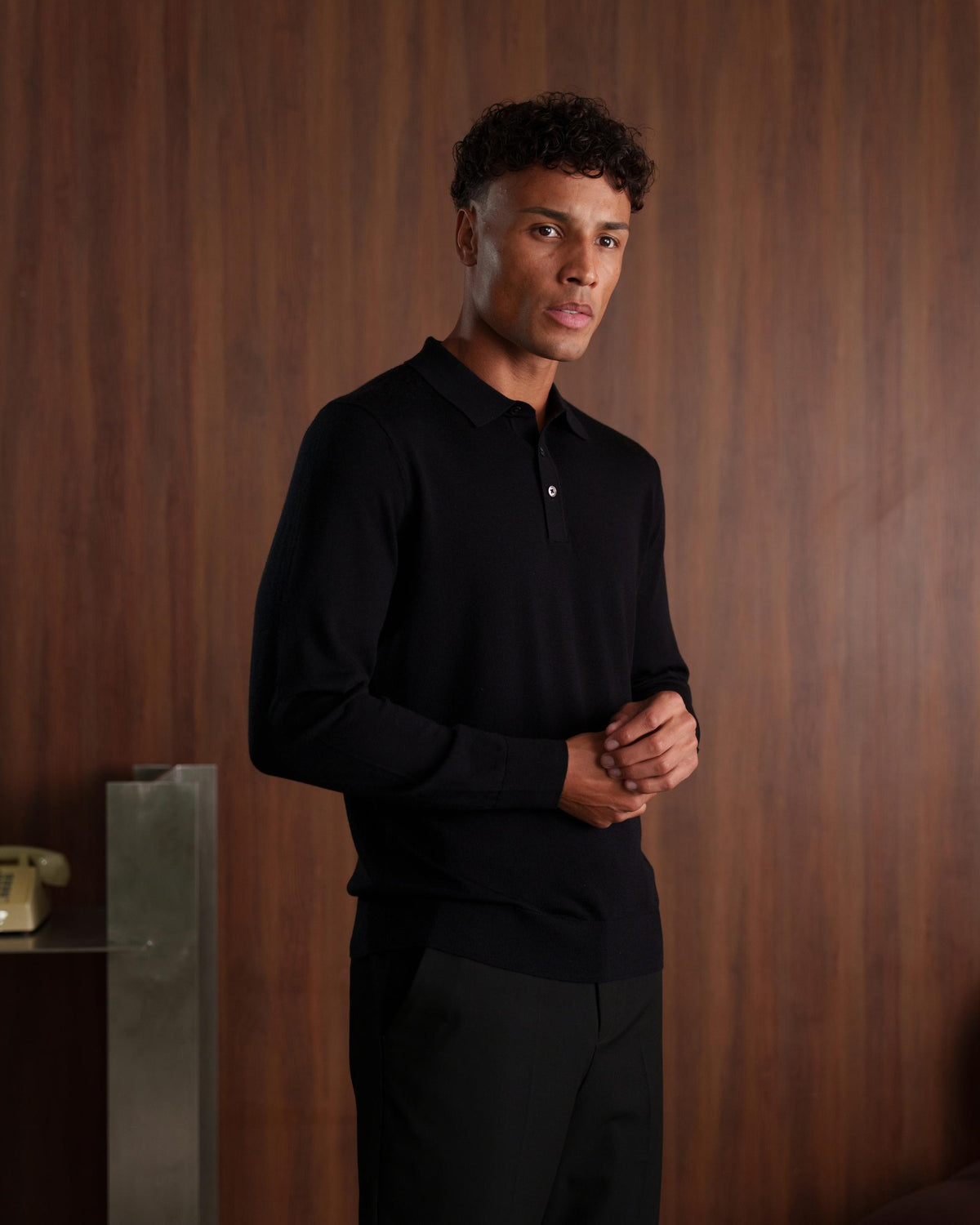 MERINO WOOL LONG SLEEVE POLO - BLACK