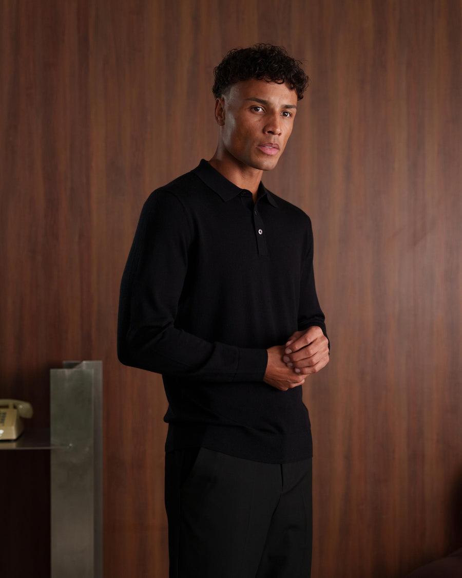 MERINO WOOL LONG SLEEVE POLO - BLACK
