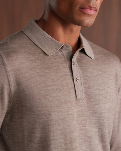 MERINO WOOL LONG SLEEVE POLO - BEIGE