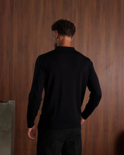 MERINO WOOL LONG SLEEVE POLO - BLACK