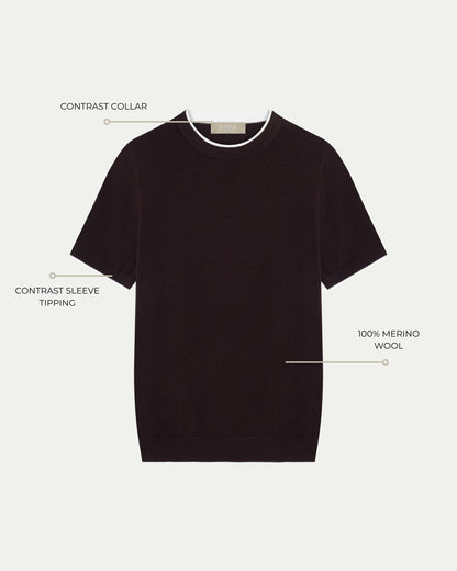 CONTRAST COLLAR KNIT T-SHIRT - BROWN