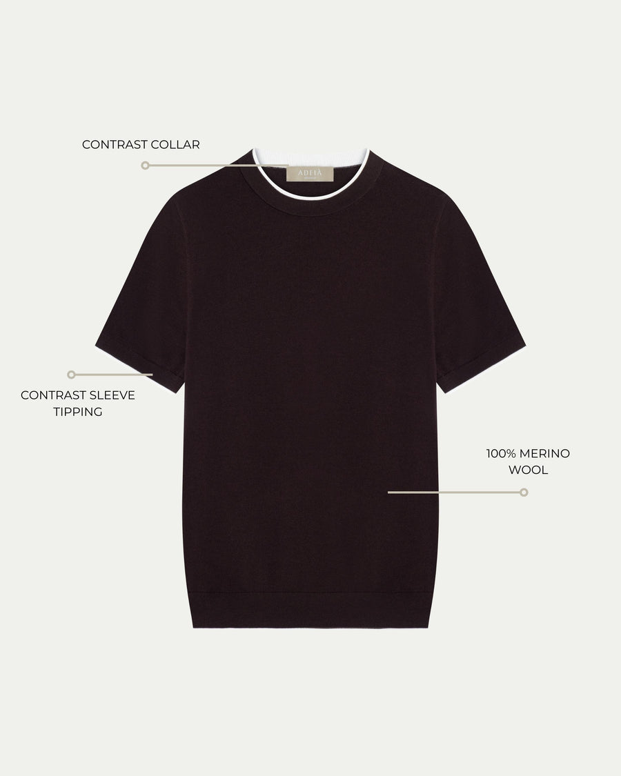 CONTRAST COLLAR KNIT T-SHIRT - BROWN