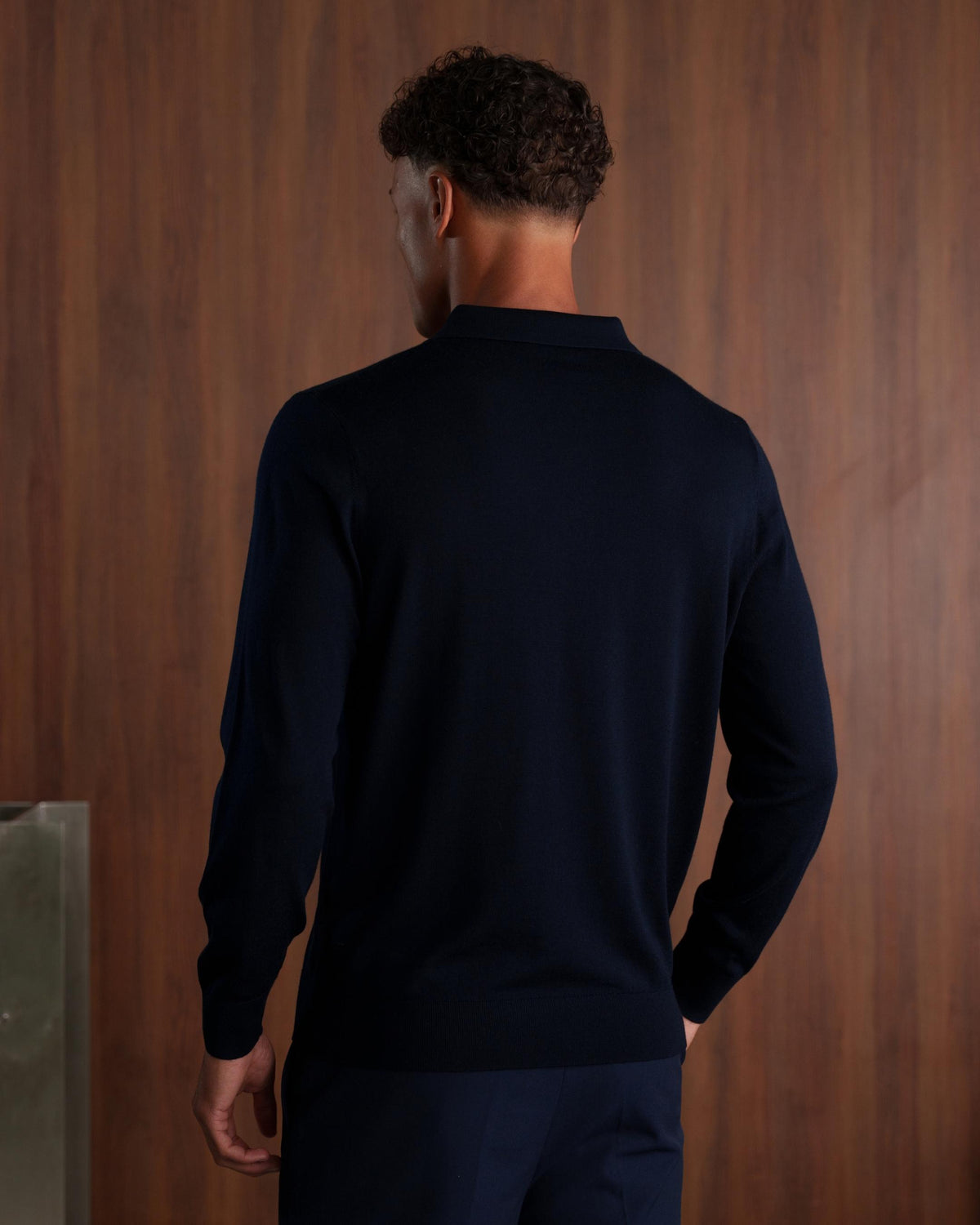 MERINO WOOL LONG SLEEVE POLO - NAVY