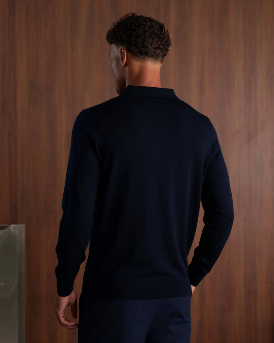 MERINO WOOL LONG SLEEVE POLO - NAVY