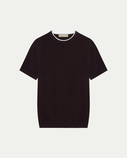 CONTRAST COLLAR KNIT T-SHIRT - BROWN