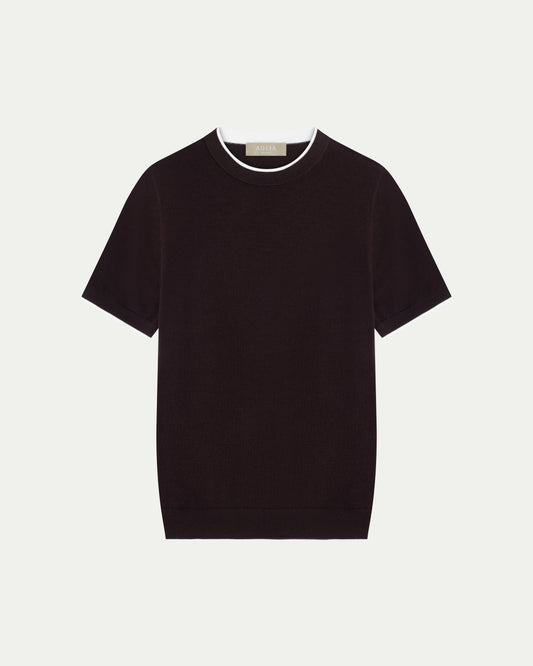 CONTRAST COLLAR KNIT T-SHIRT - BROWN