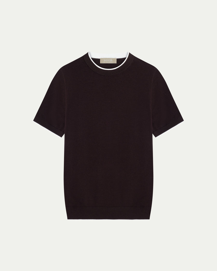 CONTRAST COLLAR KNIT T-SHIRT - BROWN