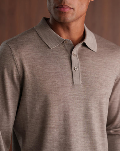 MERINO WOOL LONG SLEEVE POLO - BEIGE
