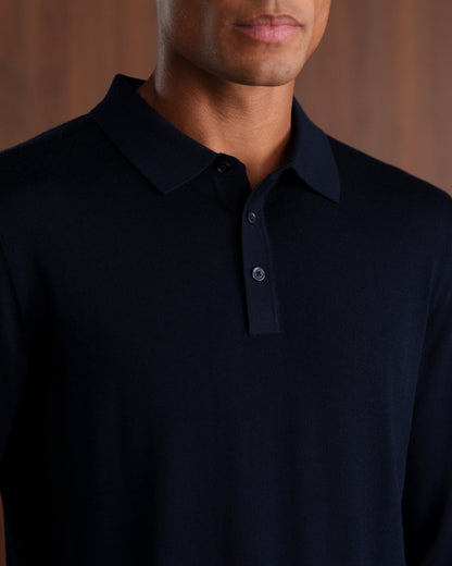 MERINO WOOL LONG SLEEVE POLO - NAVY
