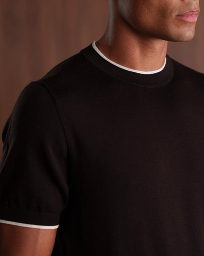 CONTRAST COLLAR KNIT T-SHIRT - BROWN
