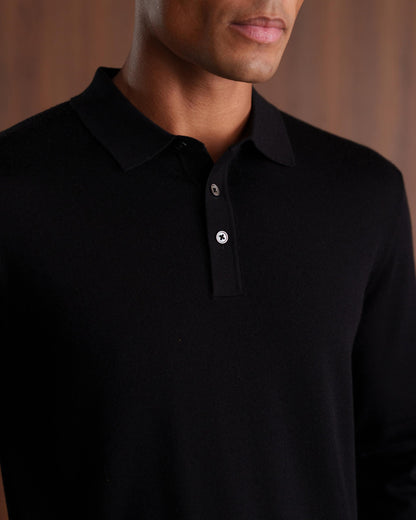 MERINO WOOL LONG SLEEVE POLO - BLACK