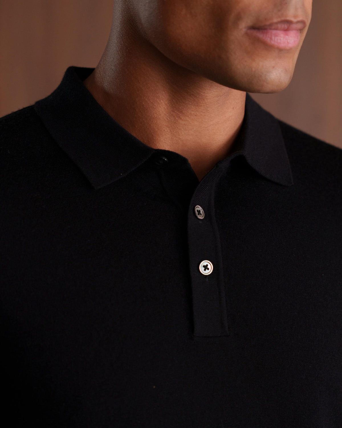MERINO WOOL LONG SLEEVE POLO - BLACK
