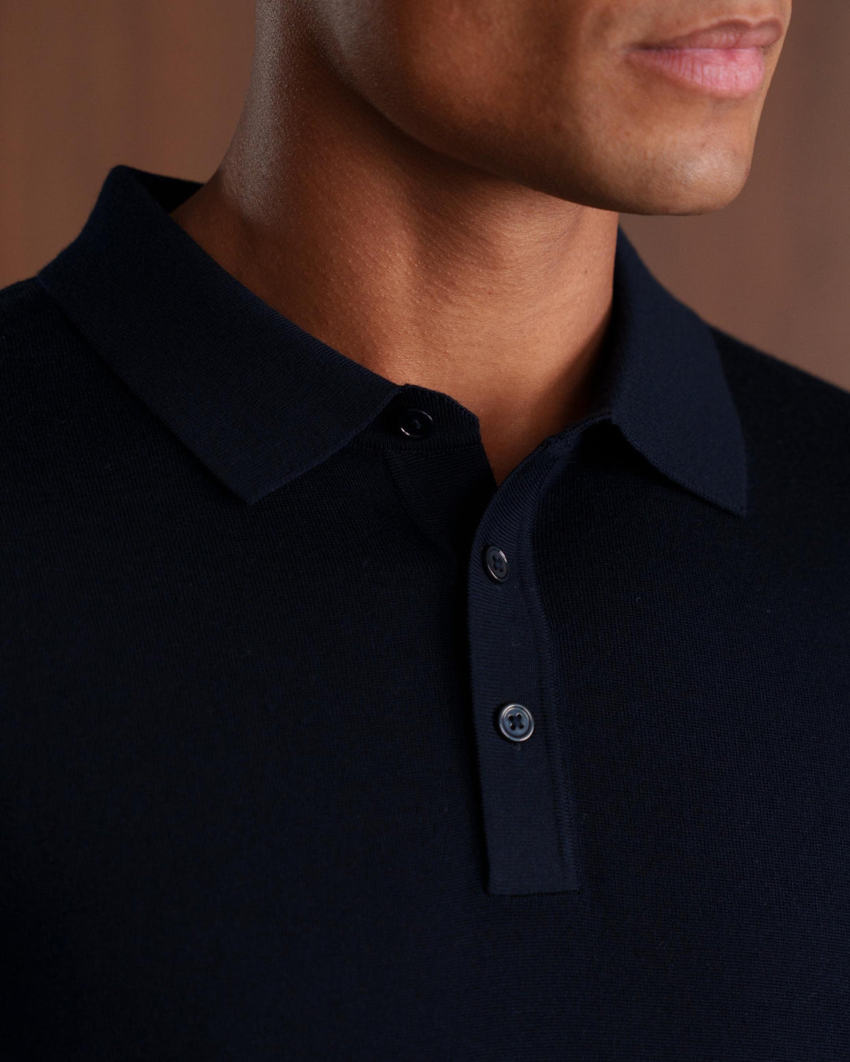MERINO WOOL LONG SLEEVE POLO - NAVY
