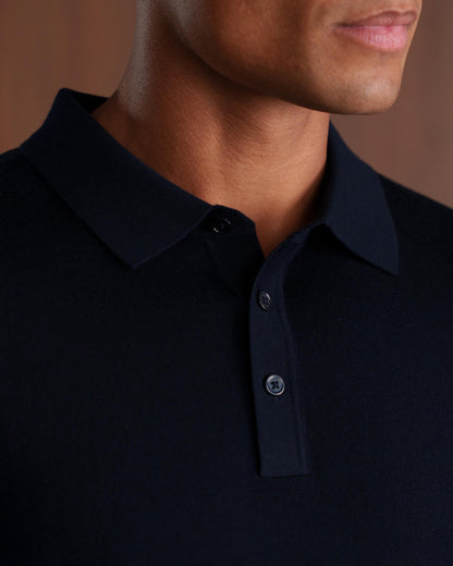 MERINO WOOL LONG SLEEVE POLO - NAVY