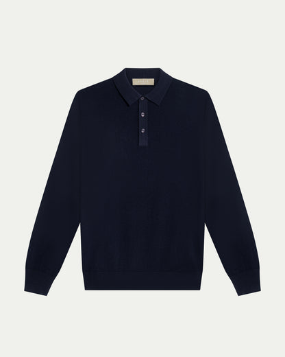 MERINO WOOL LONG SLEEVE POLO - NAVY