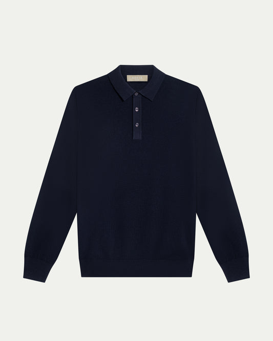MERINO WOOL LONG SLEEVE POLO - NAVY